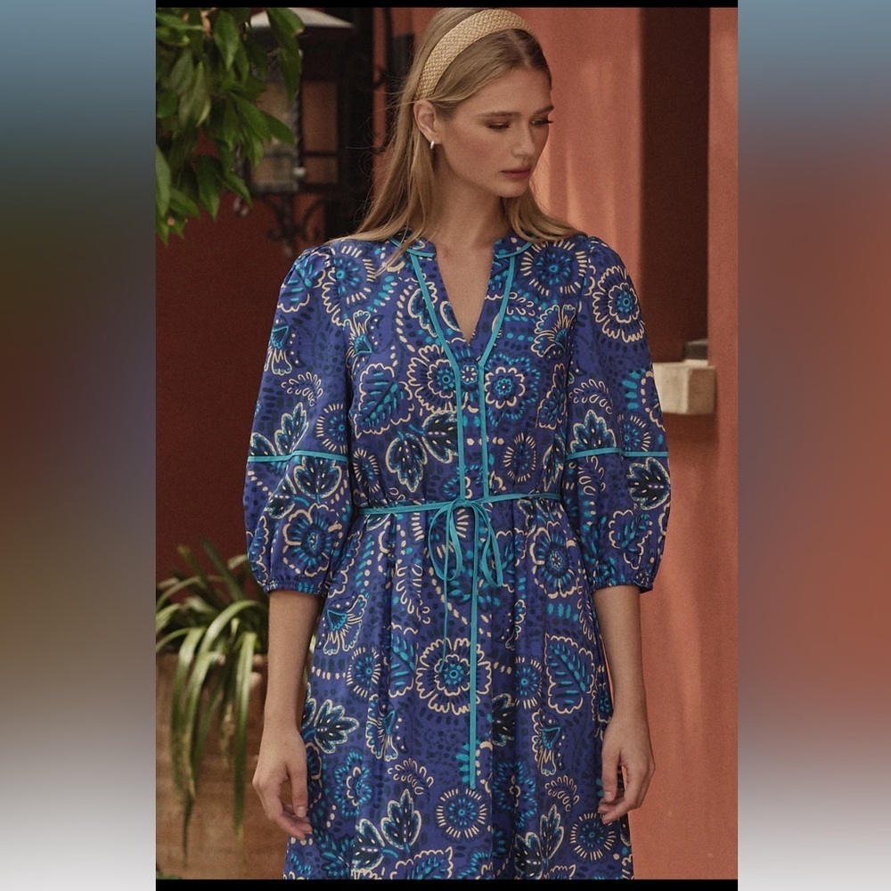 Kenner Floral Melia Shirt Midi Dress Blue Cream Multi - Picture 4 of 10